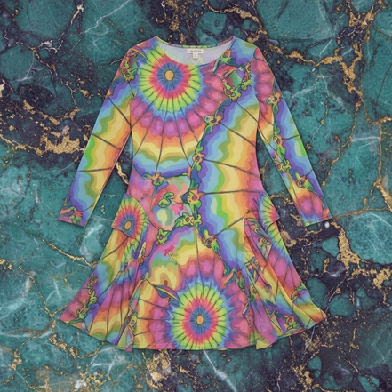 Long-sleeve midi dress with overlapping rainbow concentric circle tie-dye all-over print in full spectrum color