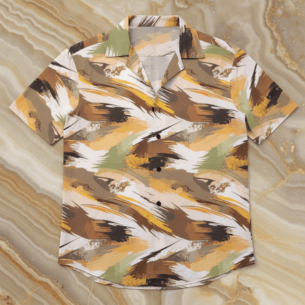 Lightweight Hawaiian shirt with abstract earth-tone brushstroke pattern in tan, brown, gold, olive, and cream