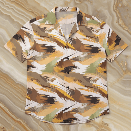 Lightweight Hawaiian shirt with abstract earth-tone brushstroke pattern in tan, brown, gold, olive, and cream