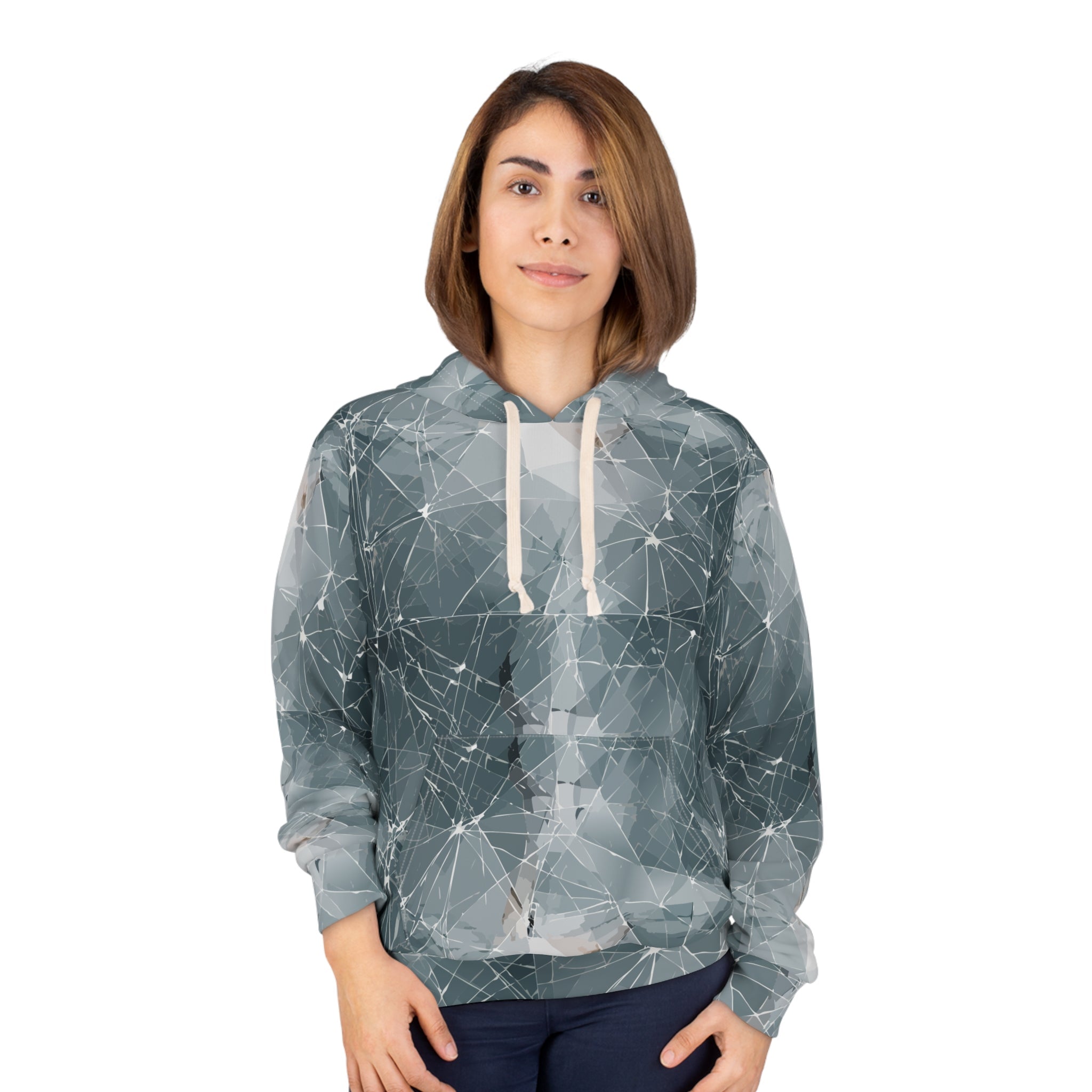 Tina's Hoodie, Shattered Glass Print Streetwear Sweatshirt, Festival Hooded — All-over print in red tones. Unisex hoodie with art kid fashion, main character energy, hyperpop streetwear style. Aesthetic Rebellion.