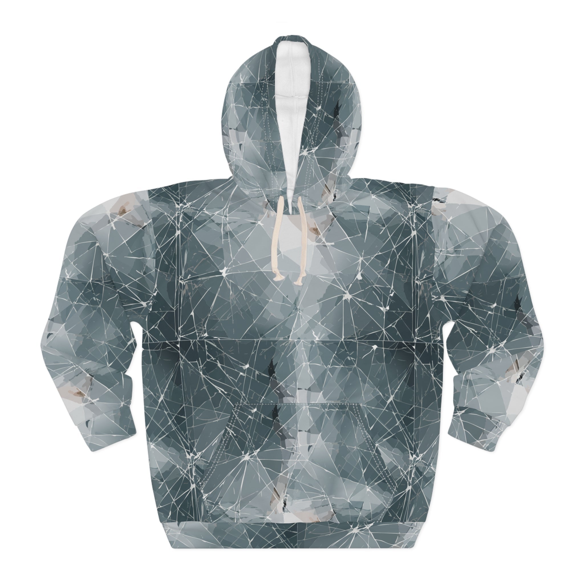 Pullover hoodie with muted silver, blue, and grey shattered glass geometric facet pattern with connection nodes