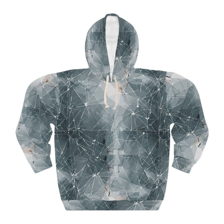 Pullover hoodie with muted silver, blue, and grey shattered glass geometric facet pattern with connection nodes