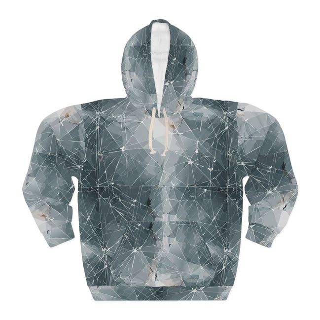 Pullover hoodie with muted silver, blue, and grey shattered glass geometric facet pattern with connection nodes