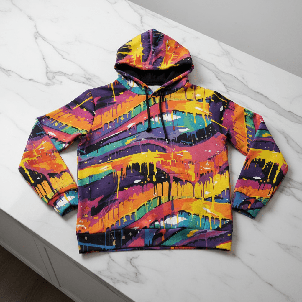 310gsm cotton pullover hoodie with vivid neon paint drip and wave all-over print in orange, yellow, pink, purple, and teal on dark base