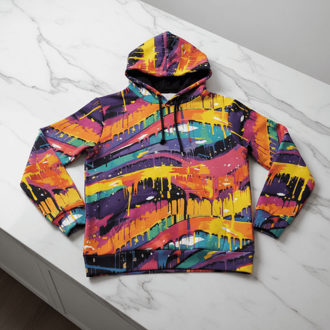 310gsm cotton pullover hoodie with vivid neon paint drip and wave all-over print in orange, yellow, pink, purple, and teal on dark base