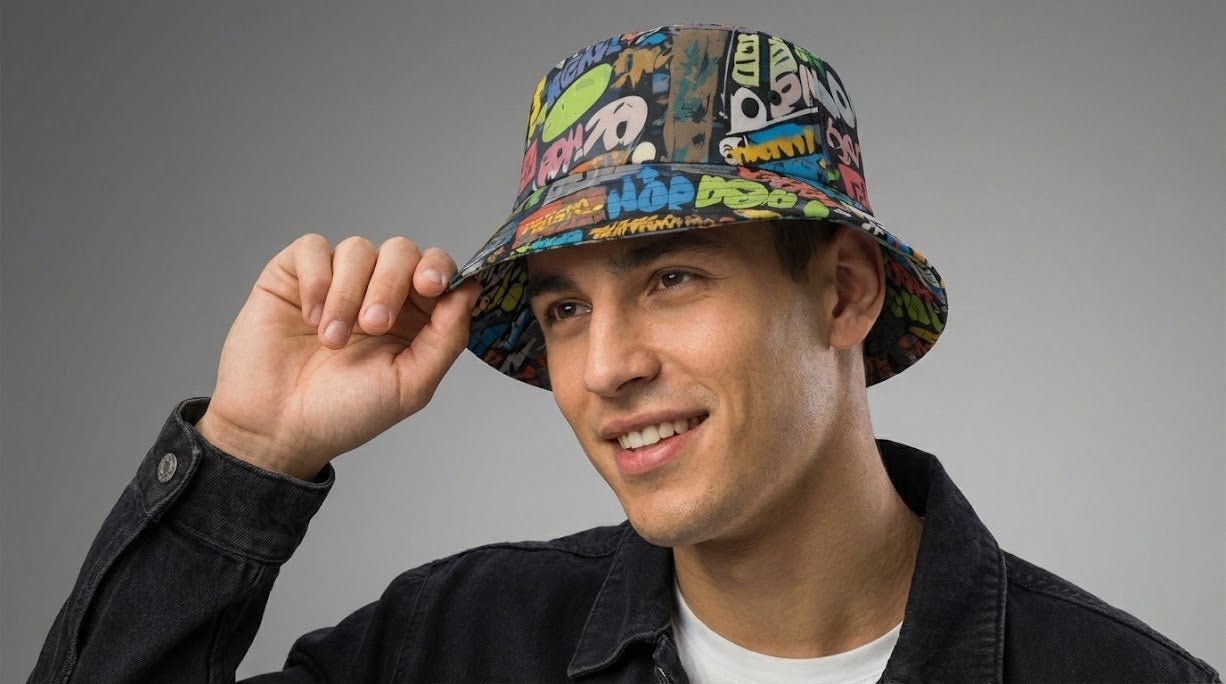 Trippy Tags Graffiti AOP Bucket Hat — Festival & Rave Headwear - Aesthetic Rebellion