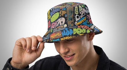 Trippy Tags Graffiti AOP Bucket Hat — Festival & Rave Headwear - Aesthetic Rebellion