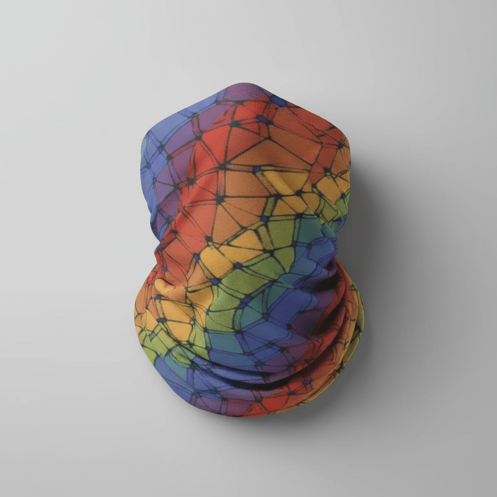 Neck gaiter with rainbow gradient and dark geometric triangulation network overlay pattern