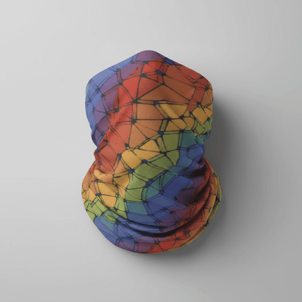 Neck gaiter with rainbow gradient and dark geometric triangulation network overlay pattern