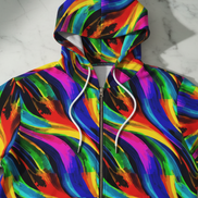 Vibrant Abstract AOP Full - Zip Hoodie – Gold Zipper, Black & White - Aesthetic Rebellion
