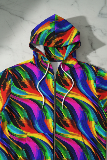Vibrant Abstract AOP Full - Zip Hoodie – Gold Zipper, Black & White - Aesthetic Rebellion