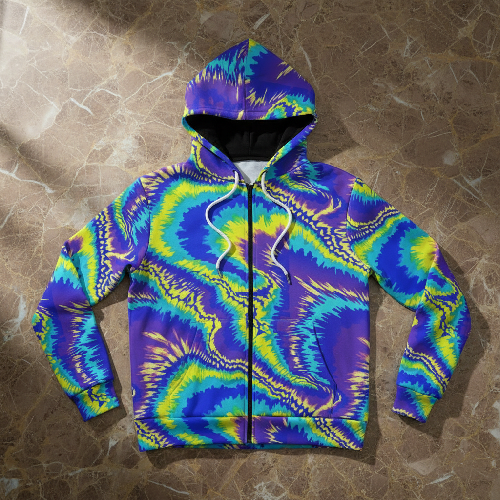 Vibrant Psychedelic Swirl Winter Jacket - Fur - Lined 320 GSM Ultra - Warm Streetwear Hoodie - Aesthetic Rebellion
