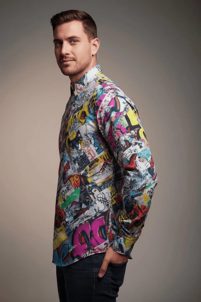 Vibrant Vigilante AOP Men's Slub Cotton Dress Shirt | 125gsm Antibacterial Maximalist Button-Down for Wine Country - Aesthetic Rebellion