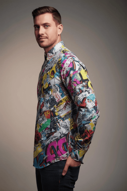 Vibrant Vigilante AOP Men's Slub Cotton Dress Shirt | 125gsm Antibacterial Maximalist Button-Down for Wine Country - Aesthetic Rebellion