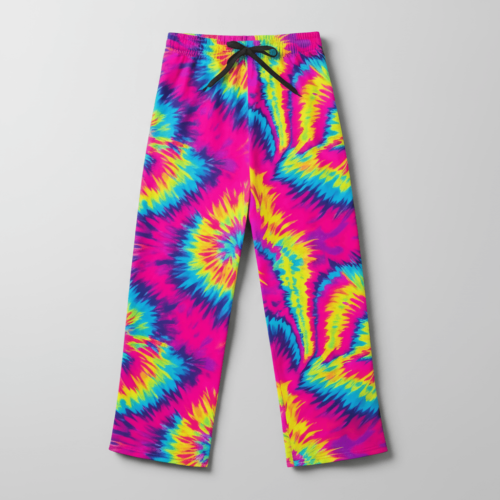 Women's straight-leg pajama pants with bold hot pink, cyan, and yellow tie-dye swirl all-over print