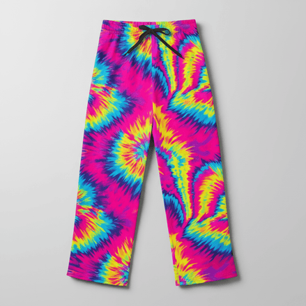 Women's straight-leg pajama pants with bold hot pink, cyan, and yellow tie-dye swirl all-over print