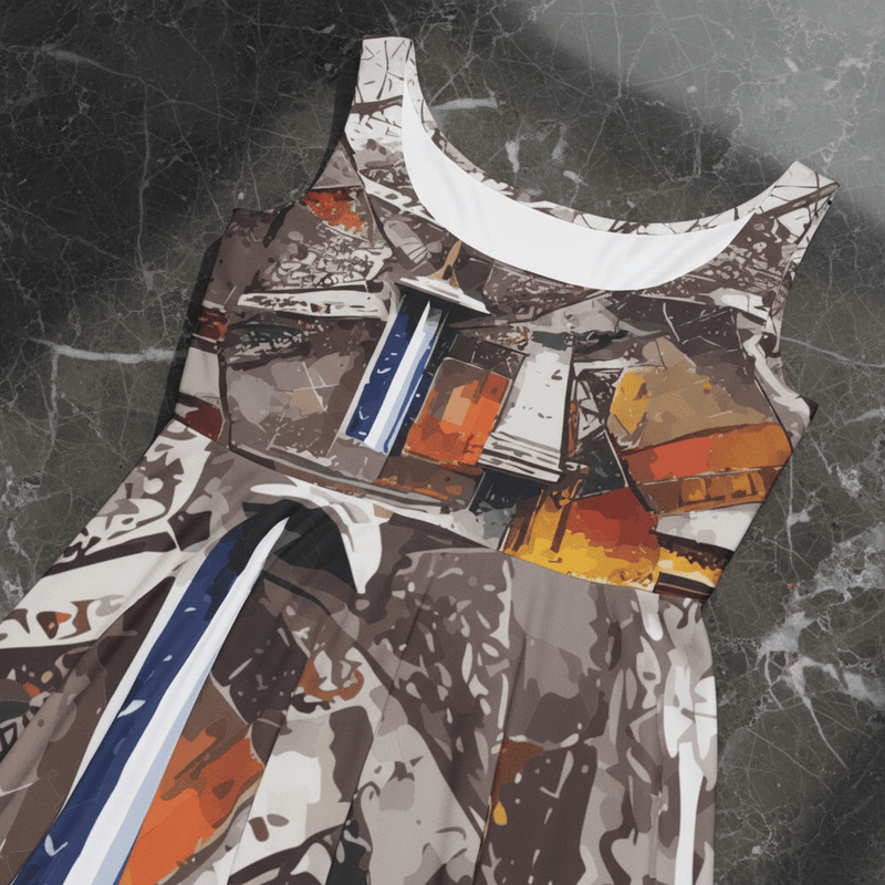 Torn Poster Street Collage Skater Dress — Black, White & Orange Mixed-Media AOP Flared Party Dress